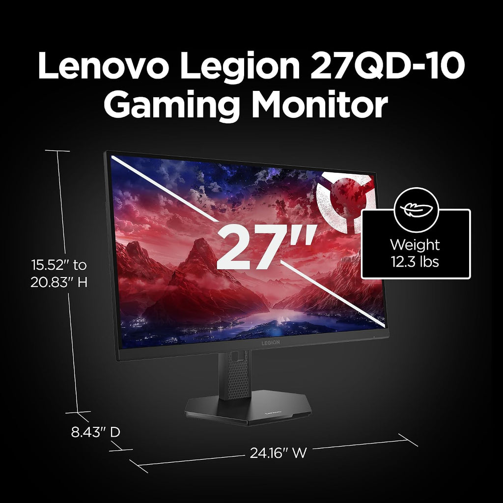 Lenovo Legion 27QD-10 Gaming Monitor - 27' QHD IPS Display - 240Hz Refresh Rate - 0.5 ms MPRT - 99% sRGB - AMD FreeSync™ Premium - Ergonomic Stand