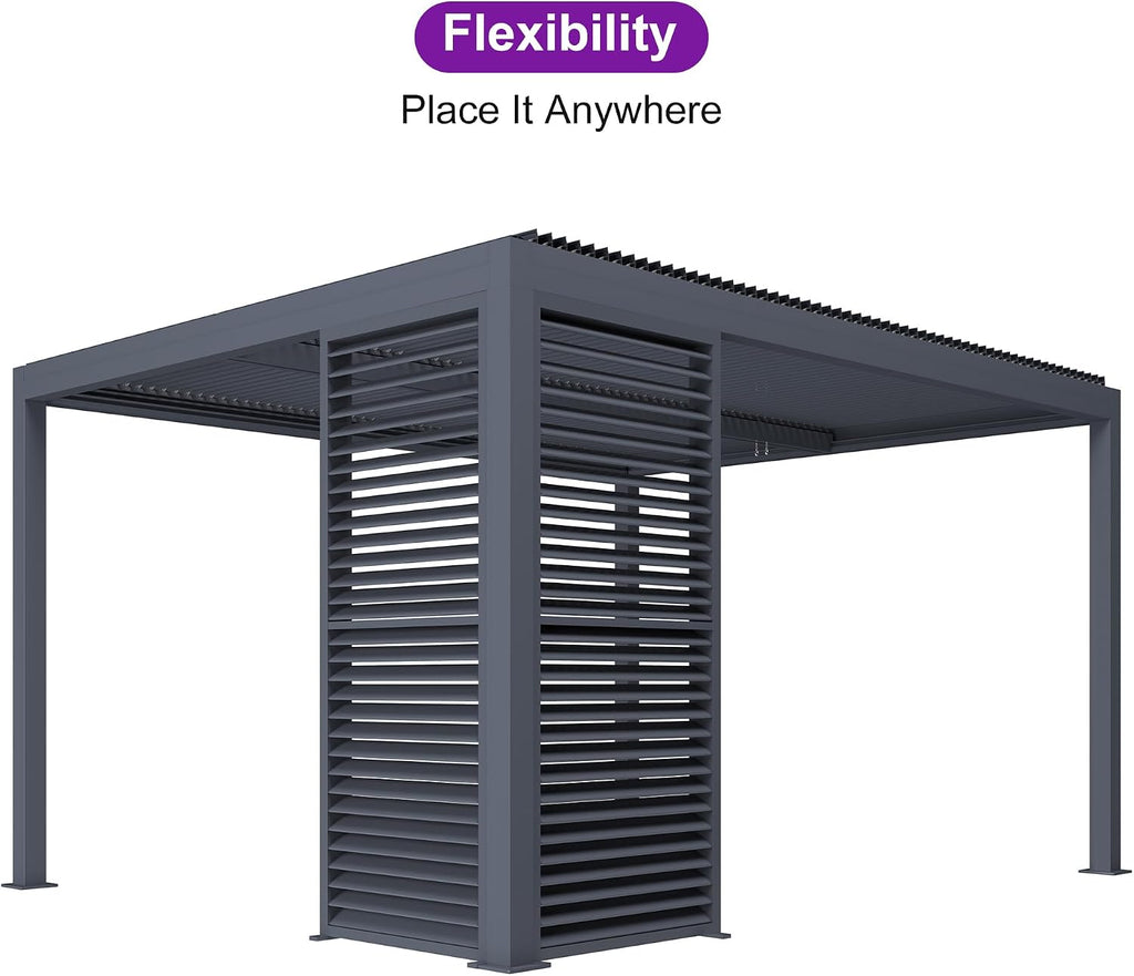 PURPLE LEAF Louvered Pergola 94AS 10' x 14' Outdoor Aluminum Pergola with Fixed Shutter Wall Adjustable Roof for Deck Backyard Grey Hardtop Gazebo, 1 Long Side and 1/3 Short Side