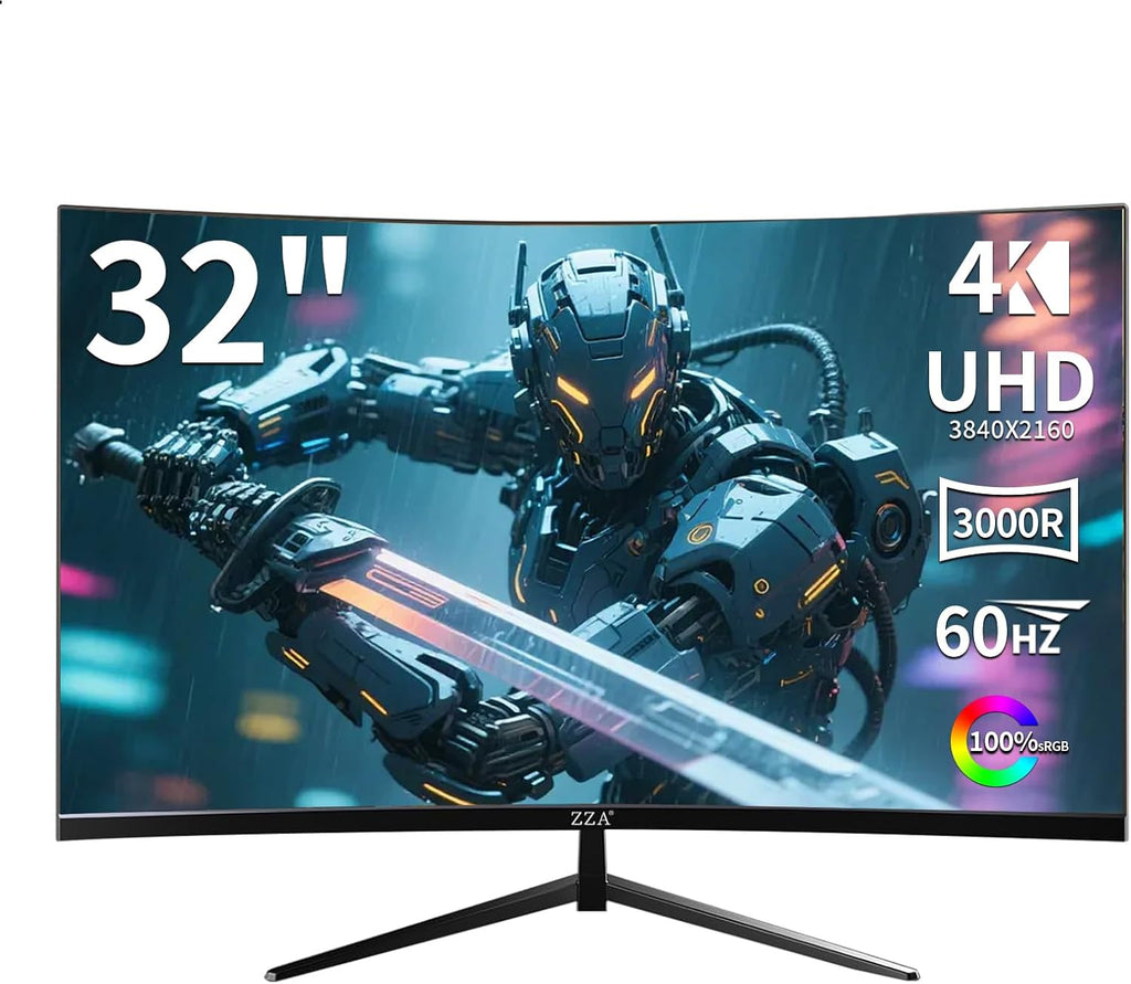 ZZA 32 Inch Curved Monitor 4K, 60HZ UHD (3840 * 2160P) 3000R VA Panel, Gaming Monitor with AMD Freesync, 100% sRGB HDR10 Wall Mountable (HDMI 2.0/DP 1.4 * 2)