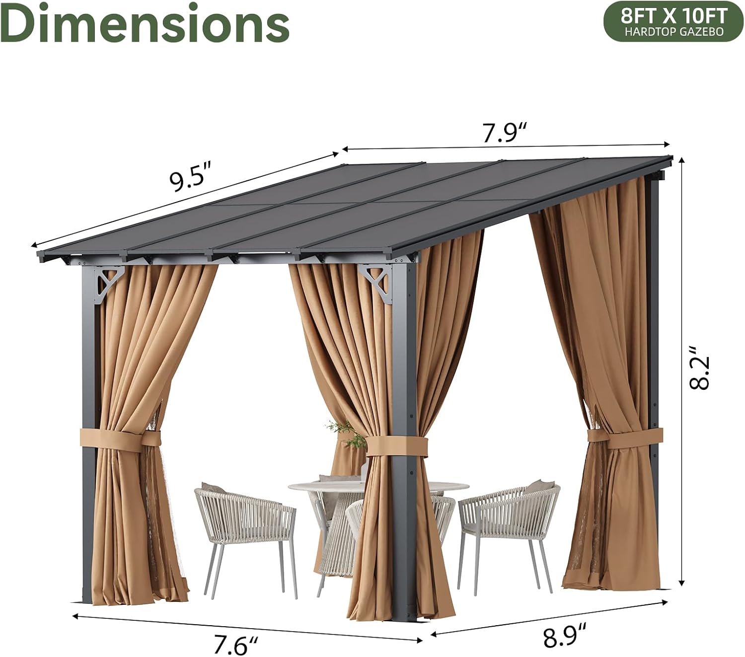 Aoxun 8'x10' Lean to Gazebo with Mosquito Net and Curtains, Aluminum Frame, Polycarbonate Panel, Wall Mounted Pergola with Sloped Roof for Backyard, Porch, Deck
