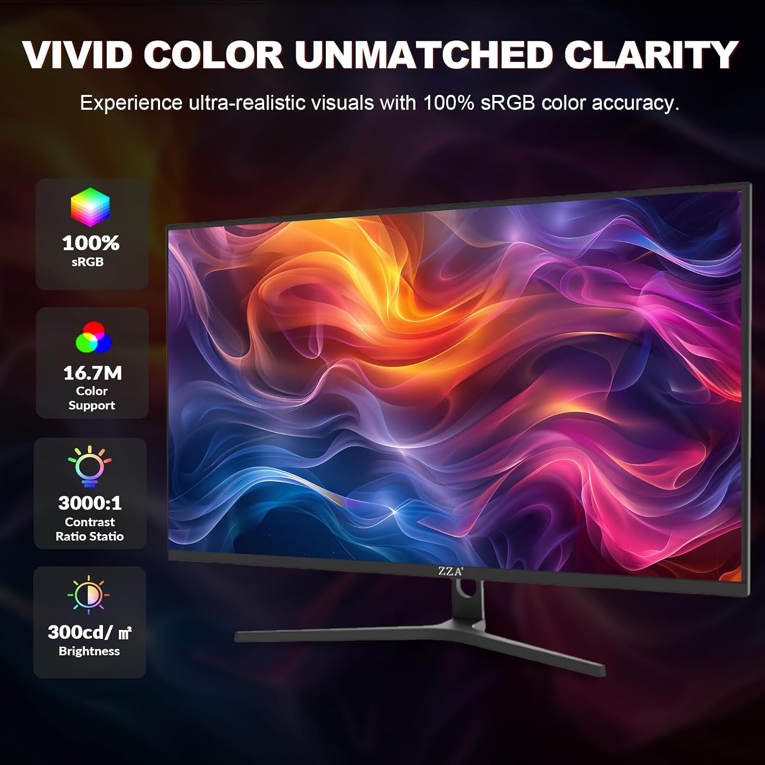 ZZA 32' Monitor | 4K UHD 3840x2160, IPS Panel, 60Hz, Adaptive Sync, 100% sRGB, Back Breathing Light,Blue Light Filter, VESA Mountable 75x75mm