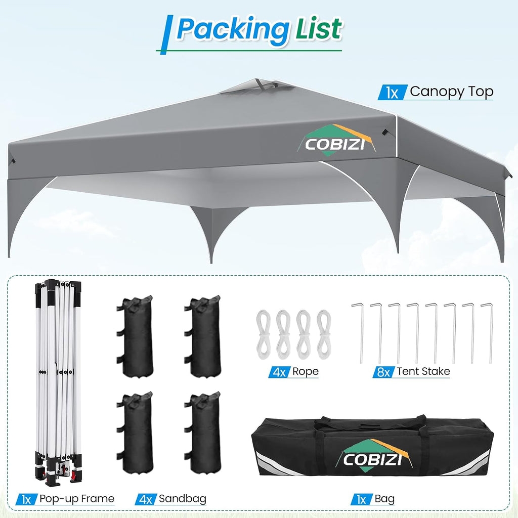 COBIZI 10x10 Pop Up Canopy with 3 Removable Sidewalls, Easy Pop Up Comercial Instant Canopy with One Push Center Lock, Waterproof Canopy with Sidewalls for Event, Rope & Stakes & Sandbags, Gray