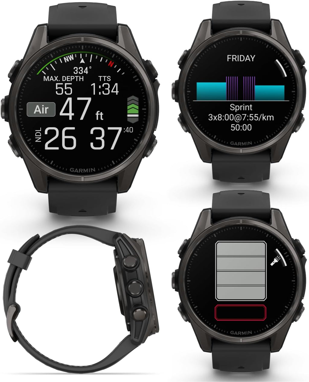 Garmin Fenix 8 – 43 mm Sapphire, AMOLED Multisport GPS Smartwatch, Carbon Gray DLC Titanium with Black/Pebble Gray Silicone, Built-in LED Flashlight Power Bank Bundle