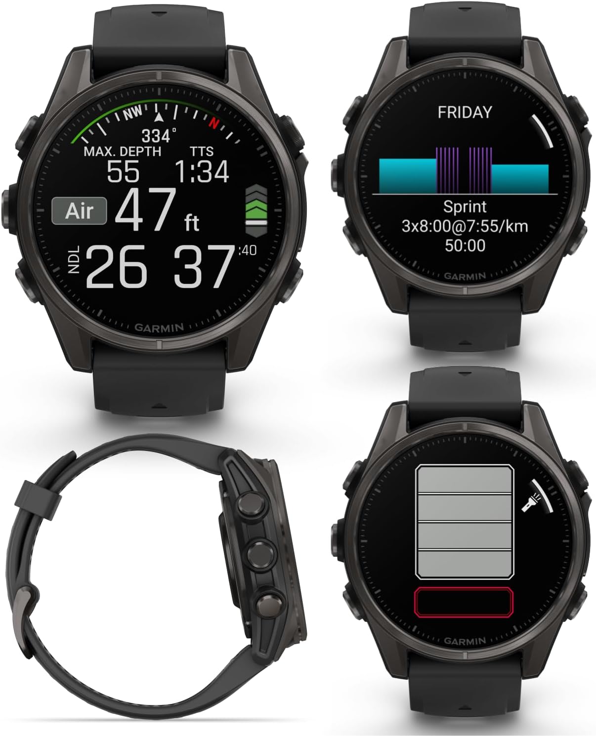 Garmin Fenix 8 – 43 mm Sapphire, AMOLED Multisport GPS Smartwatch, Carbon Gray DLC Titanium with Black/Pebble Gray Silicone, Built-in LED Flashlight Power Bank Bundle