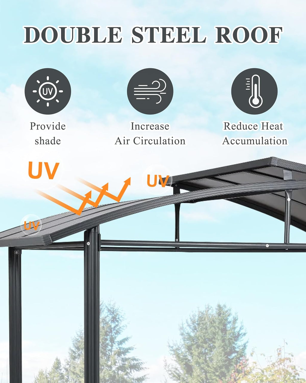 BPS 8x5 FT BBQ Grill Gazebo with Double-Tier Polycarbonate Roof, Steel Frame & Side Shelves, for Outdoor, Patio, Backyard
