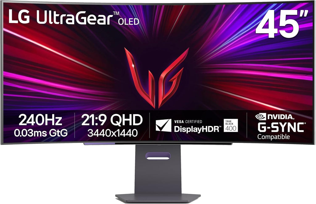 LG 45GS95QE Ultragear OLED Curved Gaming Monitor 45-Inch WQHD 800R 240Hz 0.03ms DisplayHDR True Black 400 AMD FreeSync Premium Pro NVIDIA G-Sync HDMI 2.1 DisplayPort Tilt/Height/Swivel Stand - Black