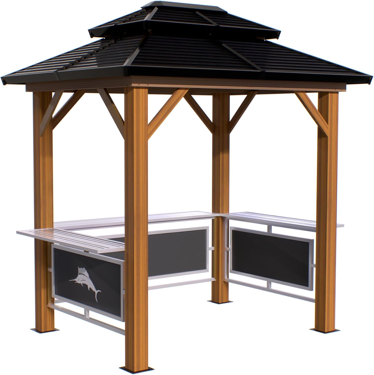 Tommy Bahama Edition BBQ Maui 6' x 8' Outdoor Hardtop Grill Gazebo for Backyard or Patio, Heavy-Duty Galvanized Steel Double Roof Gazebo, Wood Grain Finish