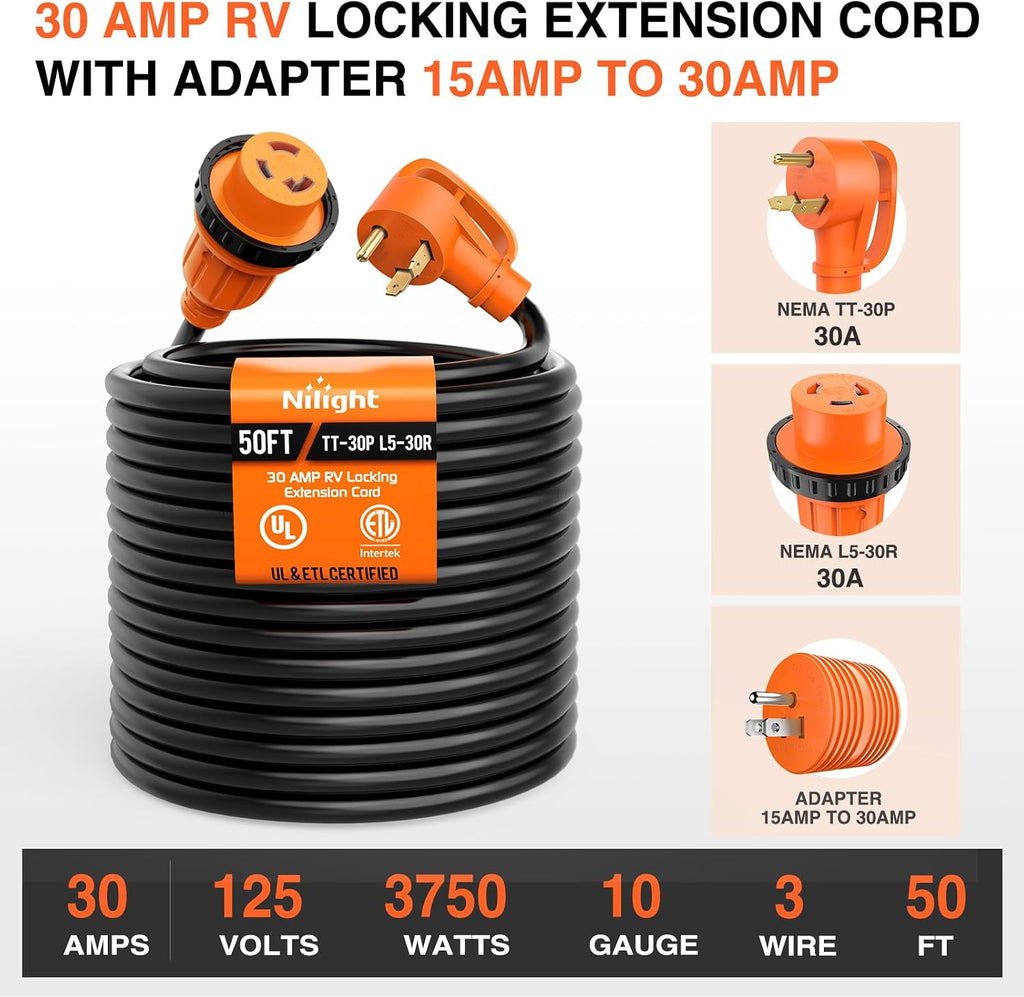 Nilight 30 Amp 50FT RV Locking Extension Cord with Adapter 15Amp to 30Amp 125V Heavy Duty 10 Gauge Pure Copper STW Wire ETL Listed 3 Prong TT-30P L5-30R 30F/30M Weatherproof Suit for Camper Trailer