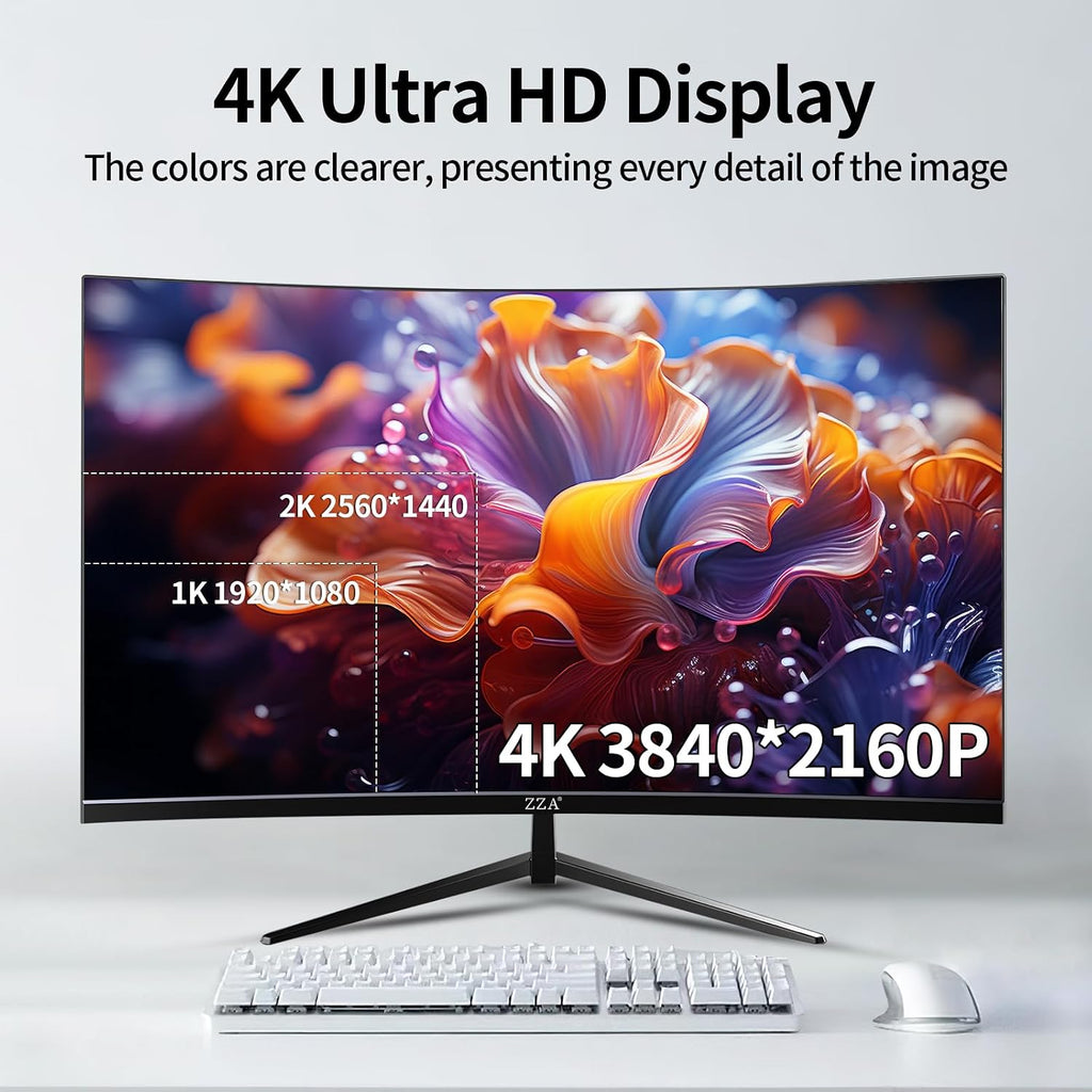 ZZA 32' 4K Curved Gaming Monitor - UHD（3840 * 2160） 60Hz Computer Monitor, Immersive Gaming Experience with Refresh Rate, VA Panel, 3000R and Adptsync Premium | HDR10 | 100% sRGB | 3840x2160