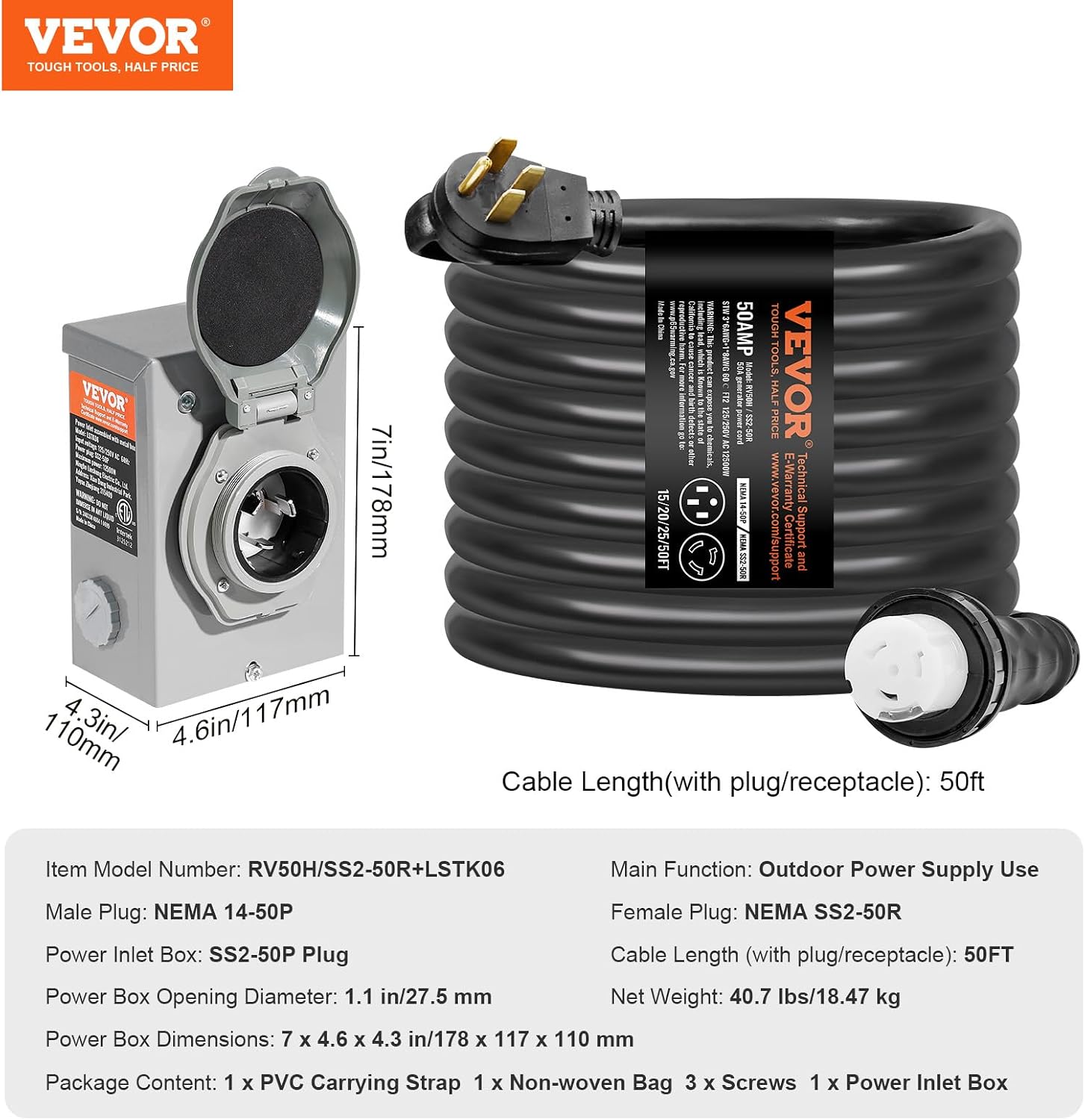 VEVOR 50 Amp Generator Cord and Power Inlet Box Kit, 50FT Generator Extension Cord NEMA 14-50P/SS2-50R STW 6/3+8/1 AWG with Twist Lock Connector, Pre-Drilled Inlet Box, ETL Listed