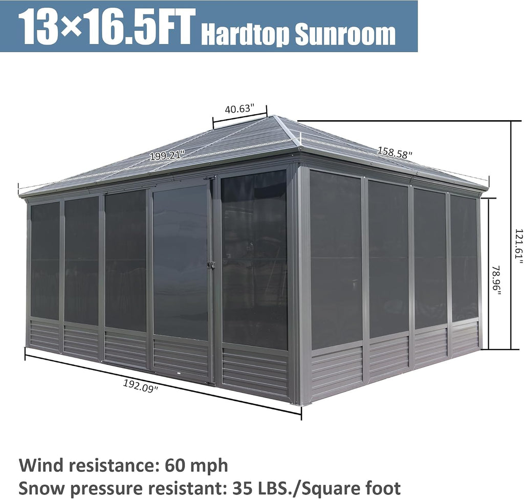 Domi 13x16.5FT Solarium Sunroom Kit, Outdoor Enclosed Patio Sunroom Gazebo with Aluminum Frame, Permanent Freestanding Hardtop Gazebo with 2 Sliding Doors (Front and Rear), Movable PVC Windows