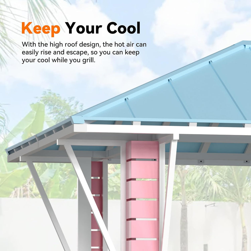 Modern Shade Hardtop Gazebo 8' x 8', Grill Gazebo with USB Charging Socket and Hooks, Outdoor Gazebo with 2 Open Sides, Coastal-Inspired Roof, Galvanized Steel Outdoor Bar for Swimming Pool, Backyard