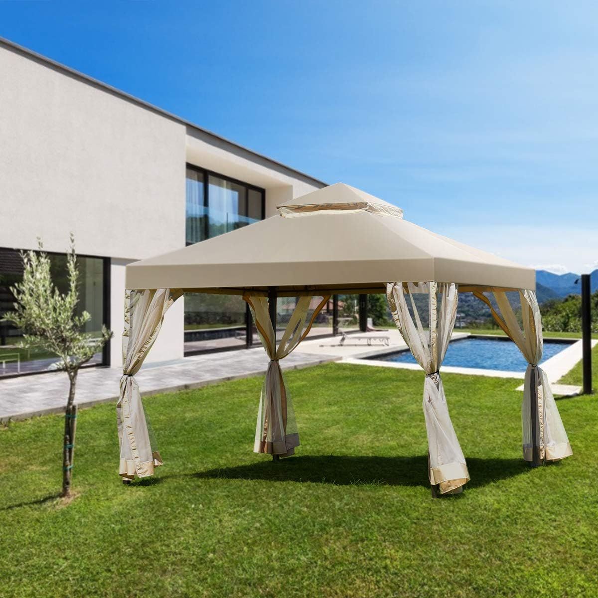 Tangkula 2-Tier 10x10Feet Patio Gazebo, Outdoor Patio Fully Enclosed Gazebo Canopy Tent w/Netting, Outdoor Gazebo Canopy Shelter for Backyard, Garden, Deck
