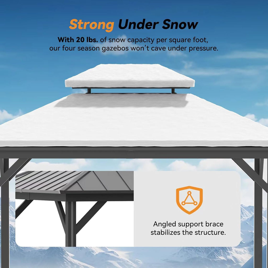 Modern Shade Hardtop Gazebo 10' x 12' with 4 LED Lights, Outdoor Gazebo with Galvanized Steel Double Roof，Four Seasons Pavilion with USB Charging Port Deck, Netting and Curtains for Patios