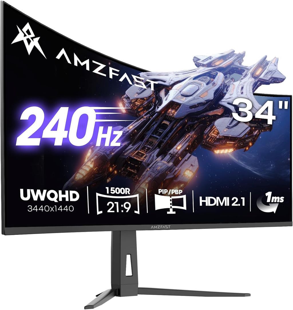 Amzfast 34 Inch Curved Monitor 240Hz UWQHD (3440x1440) Gaming Monitor, 1ms G-SYNC Compatible, 1500R, PIP/PBP, HDR400, 131% sRGB, 96% DCI-P3, Tilt/Swivel/Height Adjustable, TÜV Rheinland, HDMI 2.1