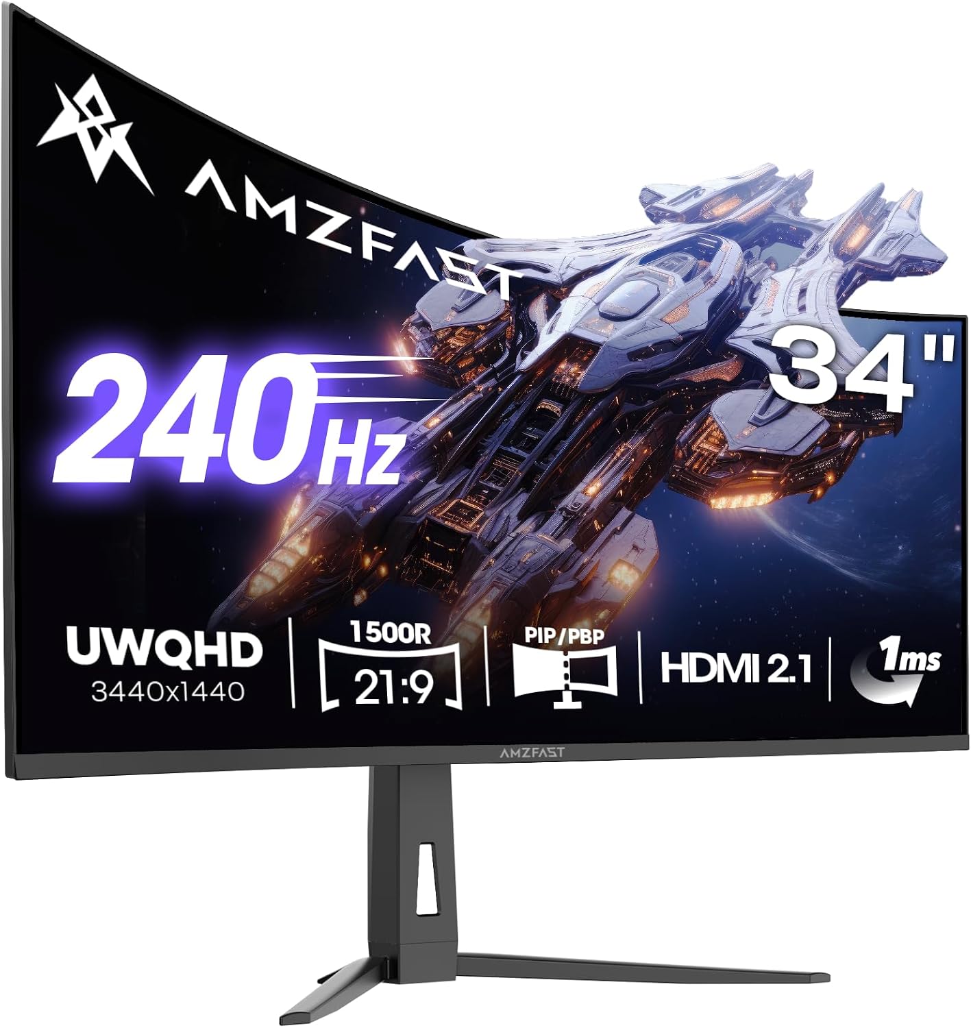 Amzfast 34 Inch Curved Monitor 240Hz UWQHD (3440x1440) Gaming Monitor, 1ms G-SYNC Compatible, 1500R, PIP/PBP, HDR400, 131% sRGB, 96% DCI-P3, Tilt/Swivel/Height Adjustable, TÜV Rheinland, HDMI 2.1