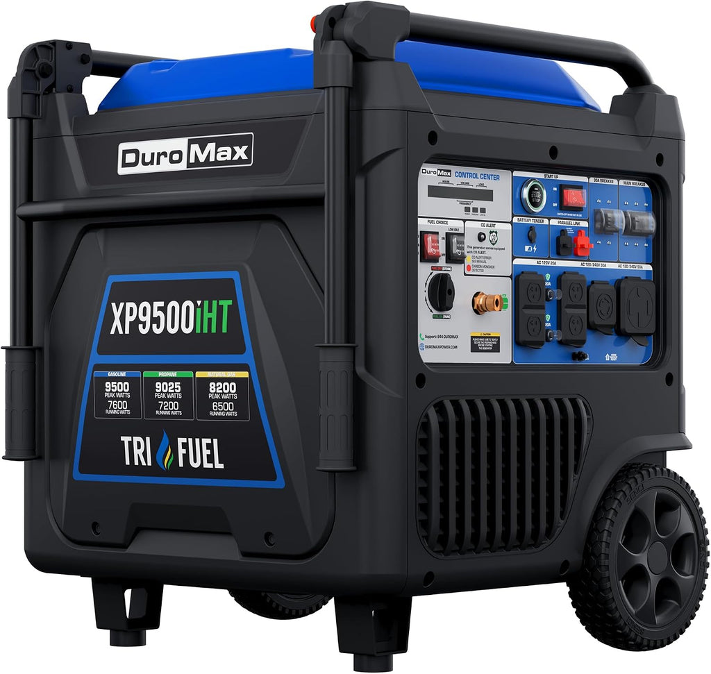 DuroMax XP9500iHT 9,500-Watt Tri Fuel Portable Digital Inverter Generator - Gas, Propane & Natural Gas, Remote Electric Start, Whole Home Power Backup, Transfer Switch Ready, RV & Emergency Ready