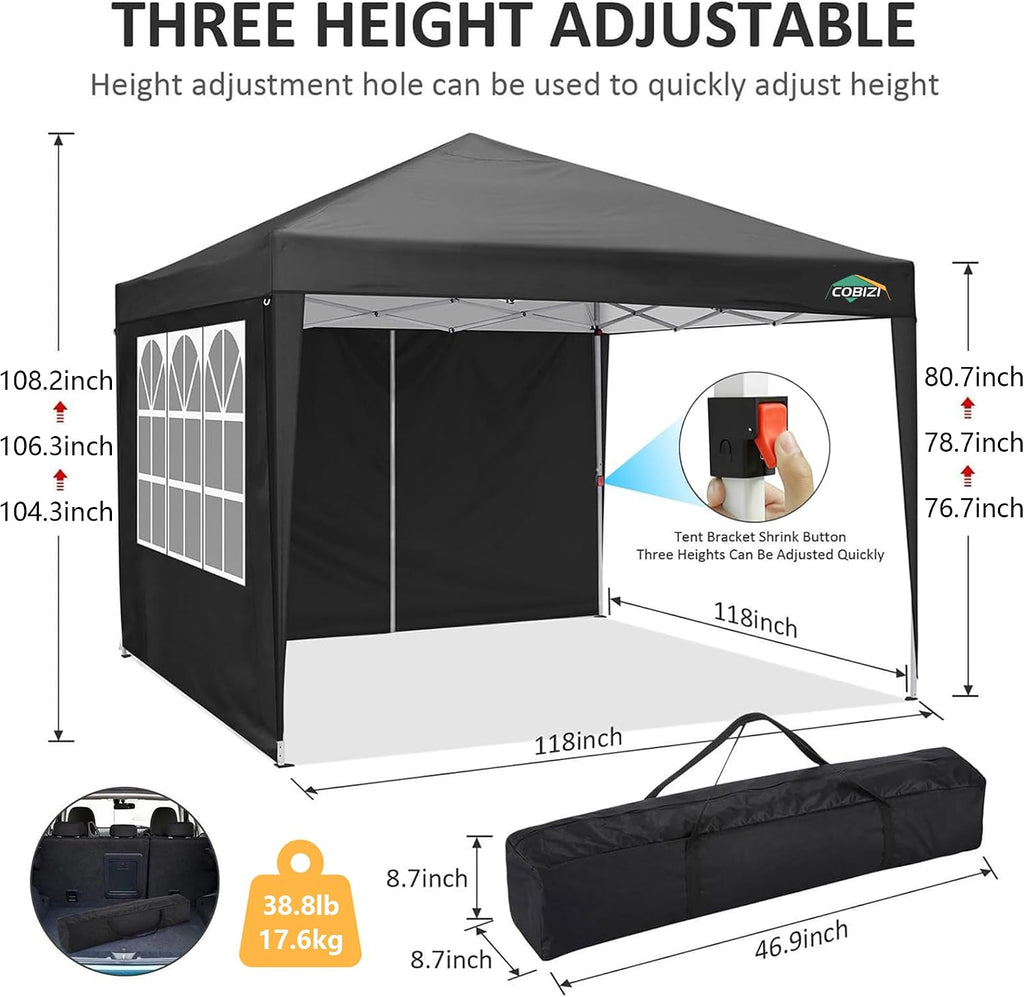 COBIZI 10x10 Pop Up Canopy Tent with 4 Removable Sidewalls, UPF 50+ Waterproof 10x10 Outdoor Portable Canopy for Commercial, Parties, Backyard, Beach with Carry Bag, Ropes, Stakes (Black, 10'x10')