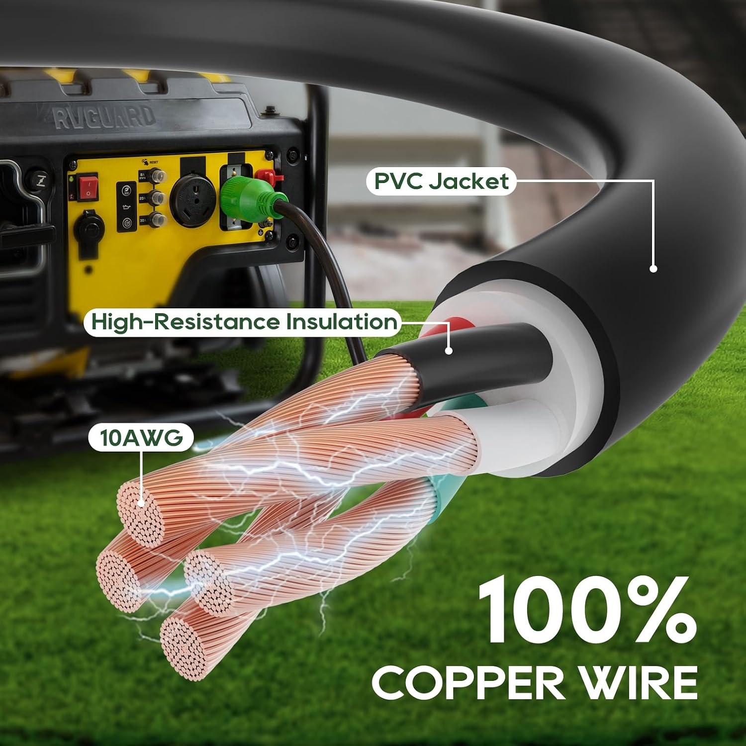 RVGUARD 4 Prong 30 Amp 100 Foot Generator Extension Cord, NEMA L14-30P/L14-30R, 125/250V Up to 7500W 10 Gauge SJTW Generator Cord with Cord Organizer, ETL Listed