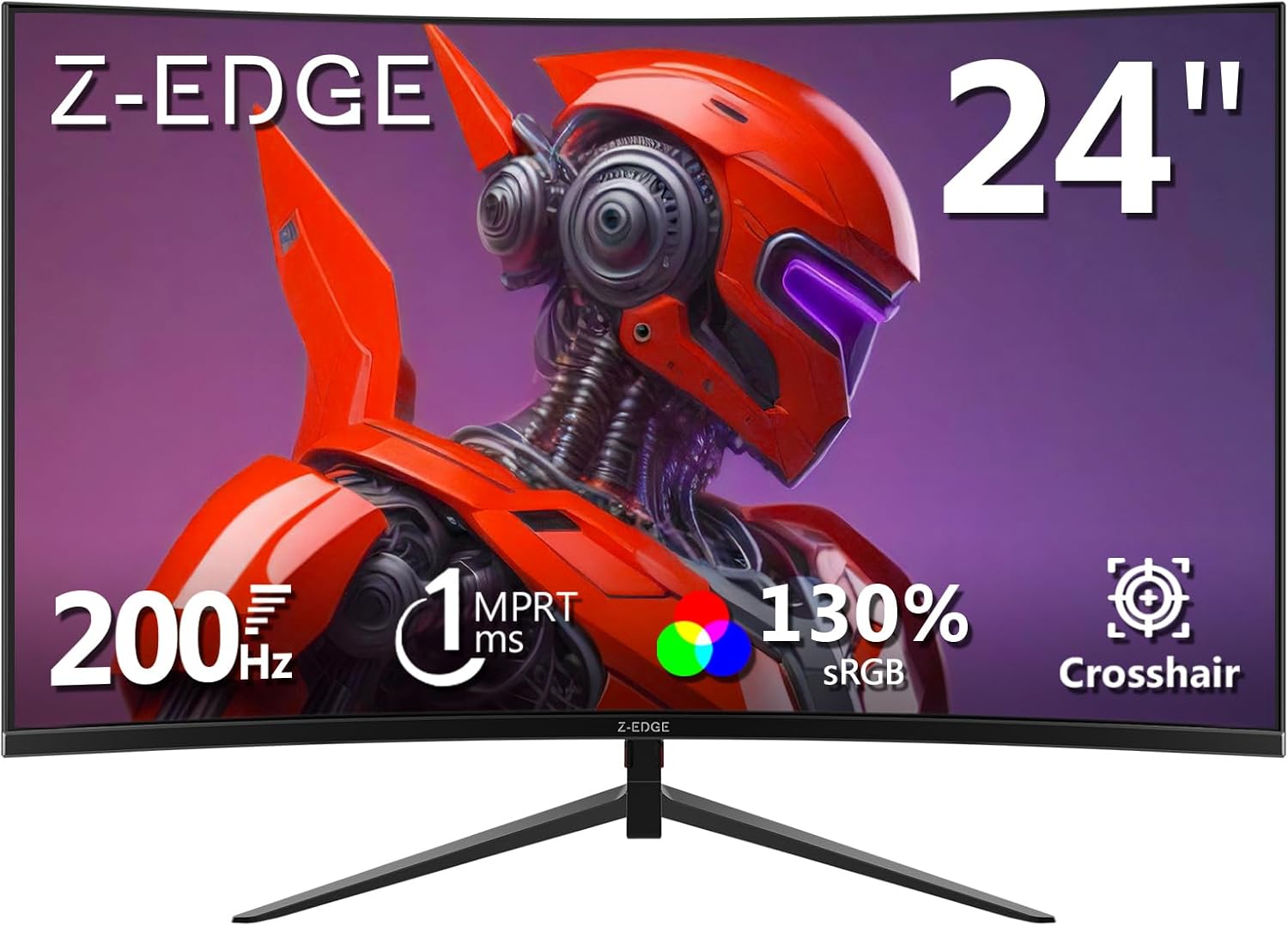 Z-Edge 24 inch Gaming Monitor, 200Hz 165Hz Curved 1650R Computer Monitor, FHD 1080P, Ultra-Fast MPRT 1ms Curved Monitor, 300nits, 16.7M Colors, UG24 1X DP 1.4 Port and 1X 2.0 HDMI Port