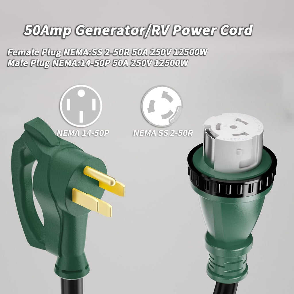 PlugSaf 50 Amp Generator Cord, 50FT 50 Amp RV Extension Cord with Twist Lock, Generator Cable 50A 4 Prong Green, NEMA 14-50P/SS2-50R Heavy Duty STW Wire for RV Camper & House
