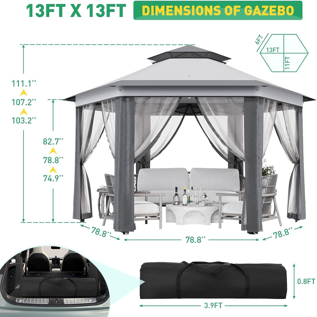 Pop-Up Gazebo 13 * 13 ft 6 Sided, Canopy Tent with Mesh Windows & Portable Carry Bag, Adjustable Tent Outdoor Pergola for Backyard & Patio Furniture (Light Grey)