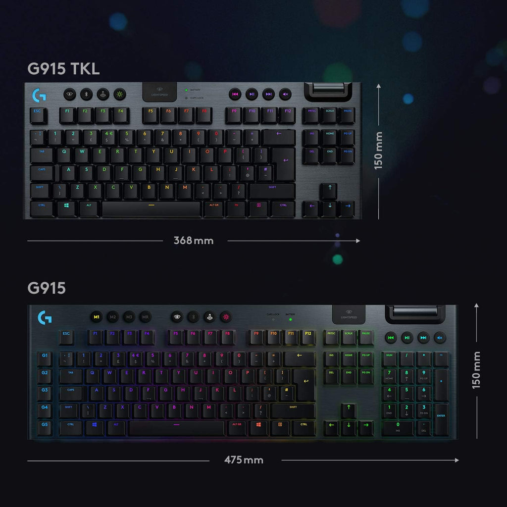 Logitech G915 TKL Tenkeyless Lightspeed Wireless RGB Mechanical Gaming Keyboard, Low Profile Switch Options, LIGHTSYNC RGB, Advanced Wireless and Bluetooth Support - Tactile (Renewed)