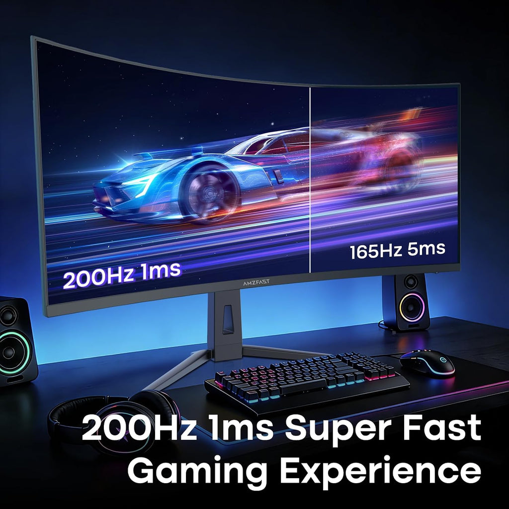 Amzfast 34 Inch Curved Monitor 200Hz UWQHD (3440x1440) Gaming Monitor, 1ms G-SYNC Compatible, 1500R, PIP/PBP, HDR, 131% sRGB, Tilt/Swivel/Height Adjustable,TÜV Rheinland, HDMI 2.1 x 2 & DP 1.4 x 1