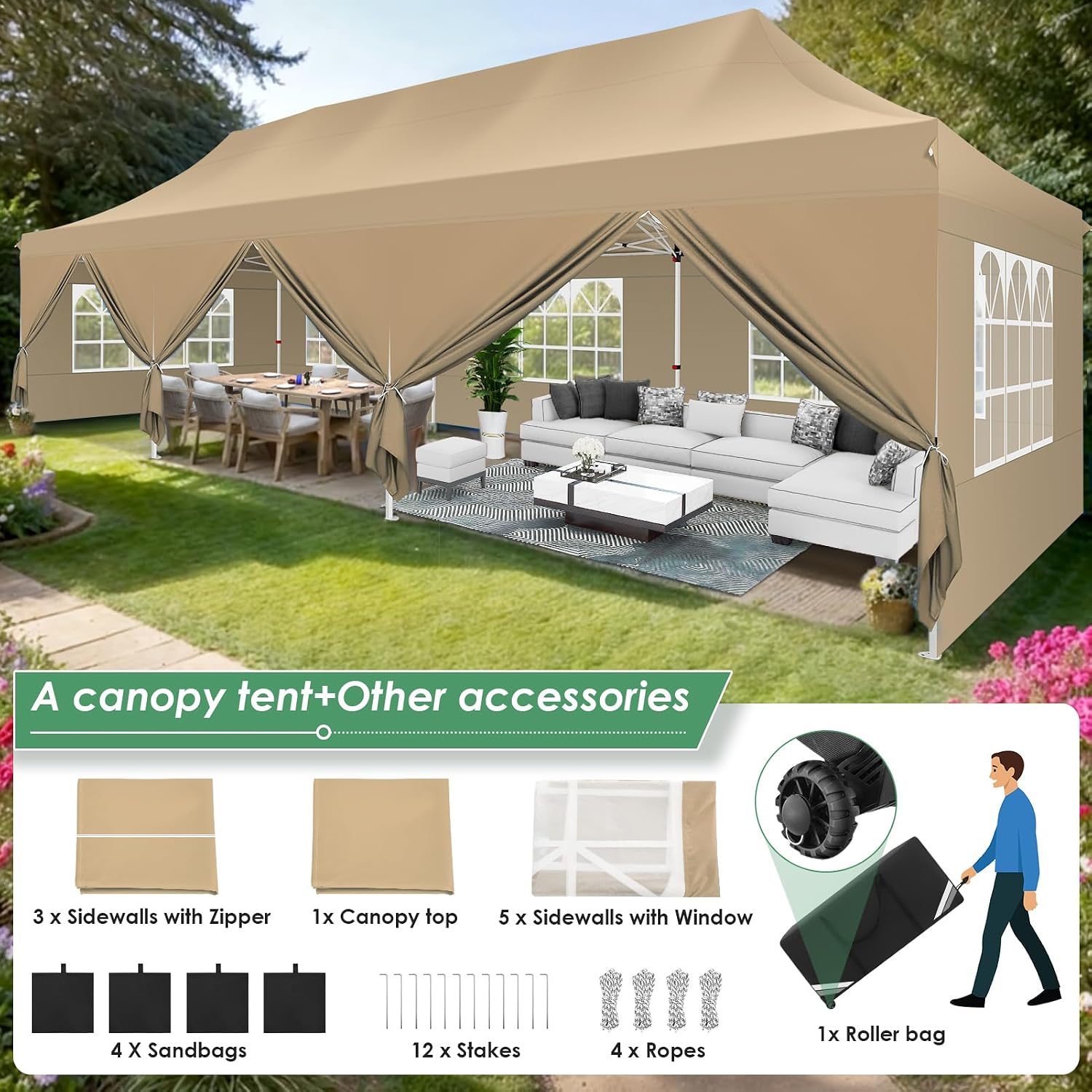 COBIZI 10x30 Pop Up Canopy Party Tents for Parties Waterproof Outdoor Event Shelter with 8 Sidewalls Camping Commercial Wedding Portable Easy to Set up Gazebo Tent for Backyard, Khaki