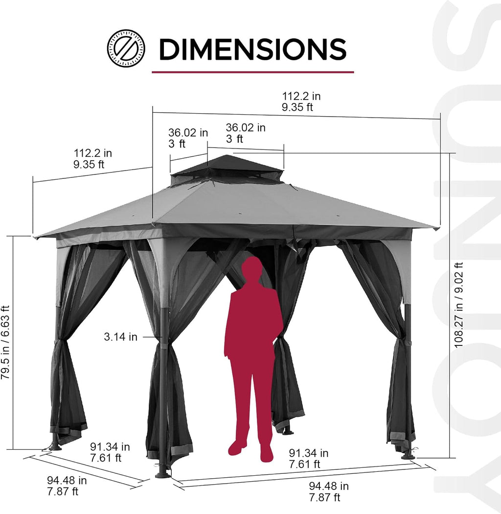 Sunjoy 9 ft. x 9 ft. Gazebo with 2-Tier Canopy Roof, Steel Frame Soft top Gazebo with Ceiling Hook and Mosquito Netting, Grey and Black
