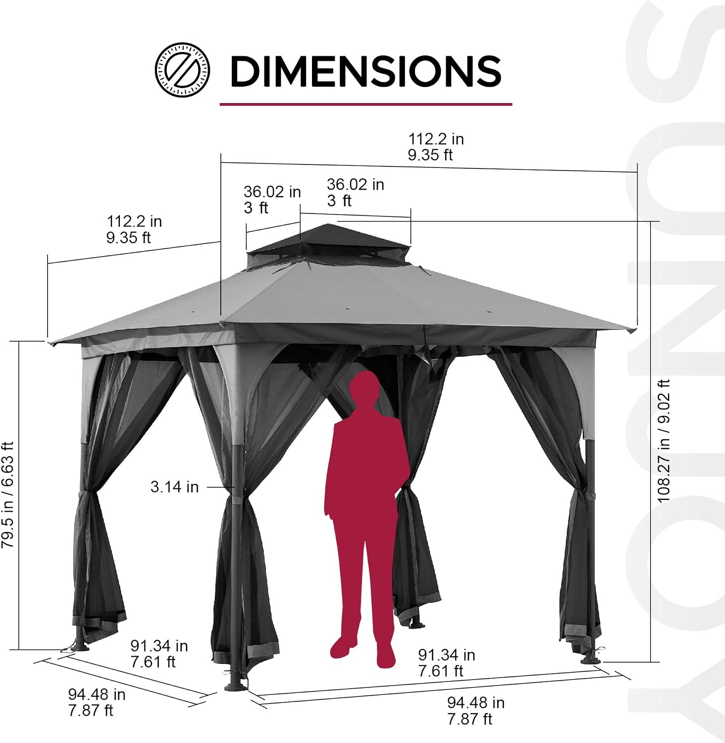 Sunjoy 9 ft. x 9 ft. Gazebo with 2-Tier Canopy Roof, Steel Frame Soft top Gazebo with Ceiling Hook and Mosquito Netting, Grey and Black