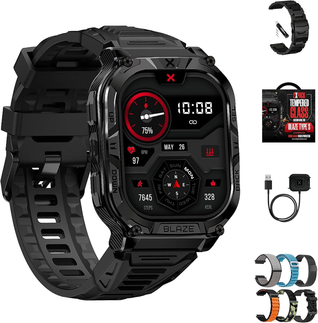 CARBINOX Blaze Smart Watch with GPS (Sport Mode), Fitness Tracker Waterproof IP69K, Compatible with Android and iOS, 170+ Sports Modes, Make/Receive Calls (Square Ultimate Pack)