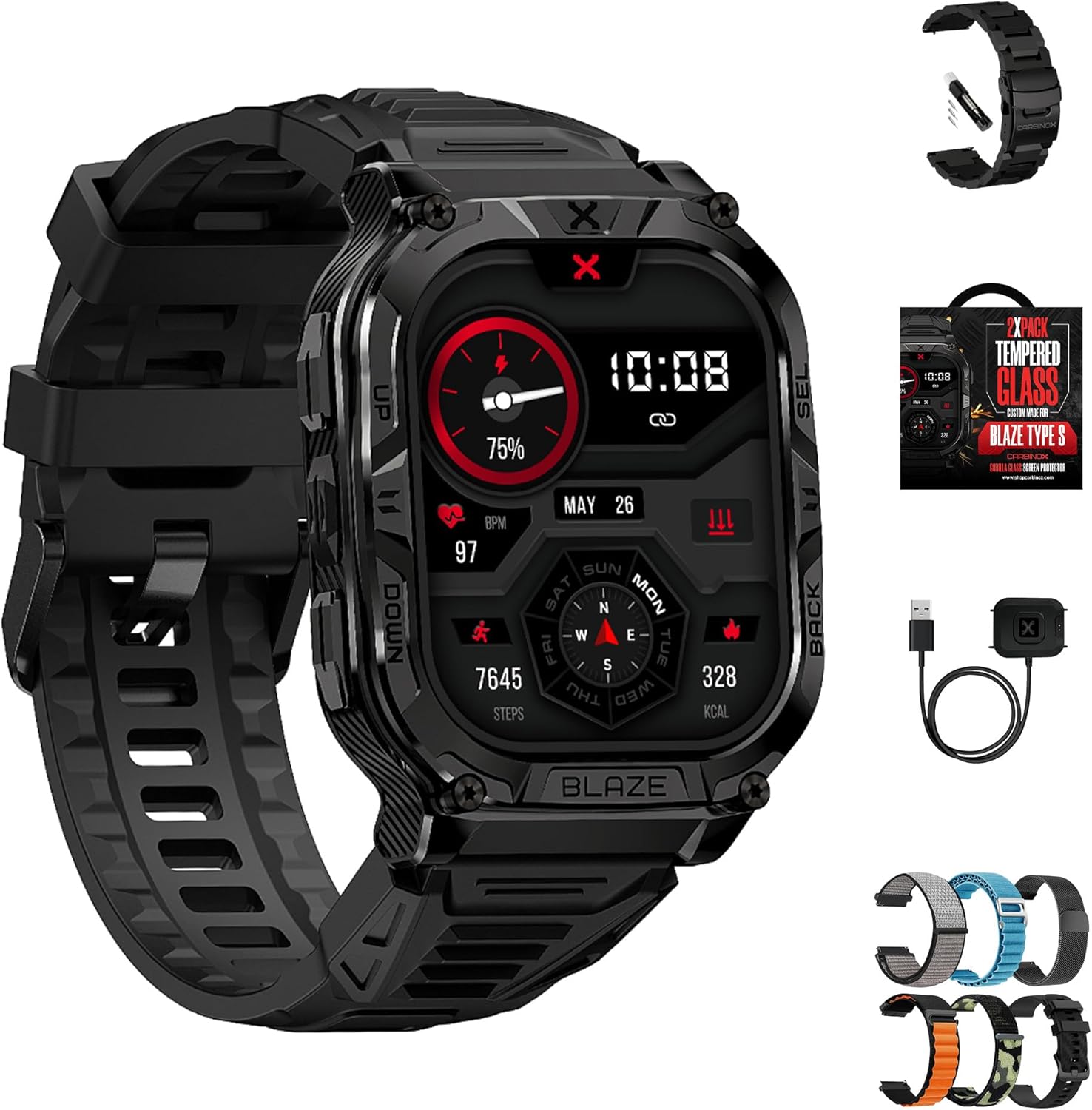 CARBINOX Blaze Smart Watch with GPS (Sport Mode), Fitness Tracker Waterproof IP69K, Compatible with Android and iOS, 170+ Sports Modes, Make/Receive Calls (Square Ultimate Pack)