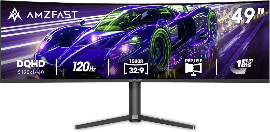 Amzfast 49 Inch Curved Monitor 120Hz DQHD (5120x1440) Ultrawide Gaming Monitor, 120% sRGB, 1500R, 1ms MPRT, HDR, Adaptive Sync, PIP/PBP, Height Adjustable, HDMI 2.0/DP 1.4, VESA 75x75, AMZG49C7U