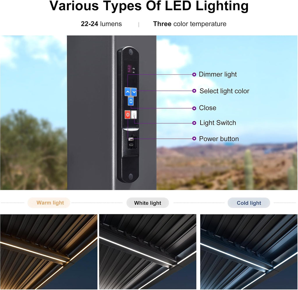 PURPLE LEAF LED Louvered Pergola 92KS 8' x 14' with Integrated Solar Strip Lights Adjustable Aluminum Louvers Wind Resistant Pergolas for Patio Dining Deck Garden Yard Gray