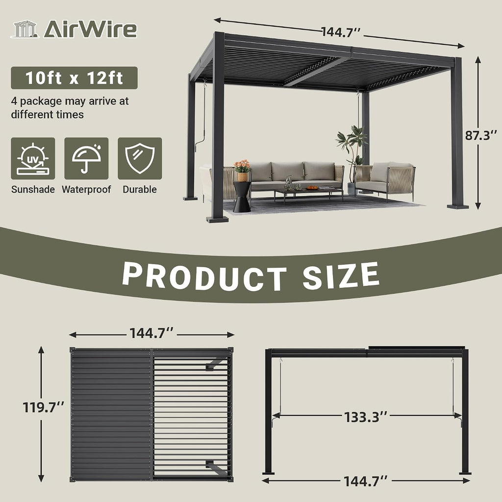 AirWire 10x12 FT Louvered Pergola, Outdoor Pergola with 2 Independent Adjustable Roof and Drainage System, Metal Patio Pavilion, Hardtop Gazebo for Patio, Deck, Garden, Dark Gray