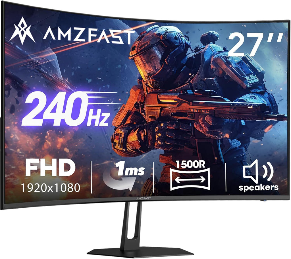 Amzfast 27 inch 240Hz Curved Monitor, FHD 1080p Gaming Monitor, Built-in Speakers, FreeSync, MPRT 1ms, 130% sRGB, 4000:1, 1500R, VESA Mount, HDMI 2.0&DP 1.4, 12 Months Warranty Exchange