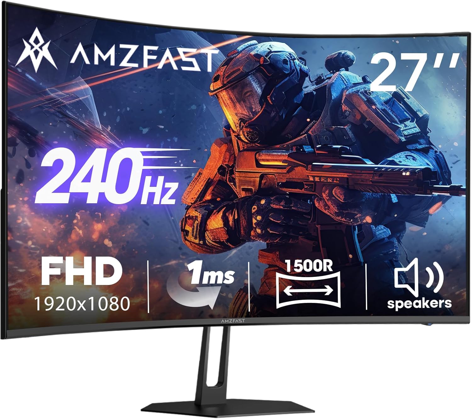 Amzfast 27 inch 240Hz Curved Monitor, FHD 1080p Gaming Monitor, Built-in Speakers, FreeSync, MPRT 1ms, 130% sRGB, 4000:1, 1500R, VESA Mount, HDMI 2.0&DP 1.4, 12 Months Warranty Exchange