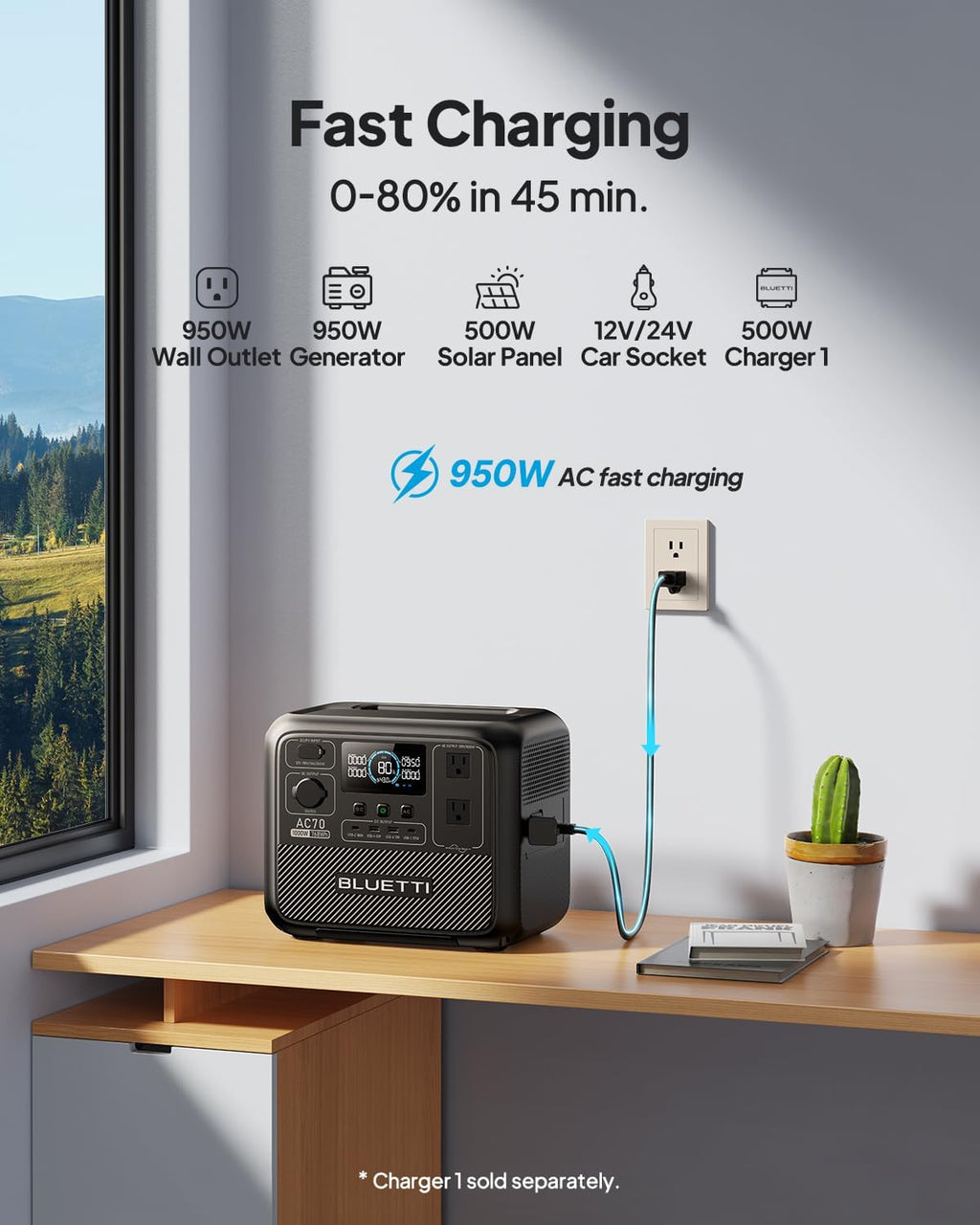 BLUETTI AC70 Portable Power Station, 768Wh Solar Generator w/ 2 1000W AC Outlets (Power Lifting 2000W), 100W Type-C, LiFePO4 Battery Backup for Road Trip, Off-Grid, Power Outage (Solar Panel Optional)
