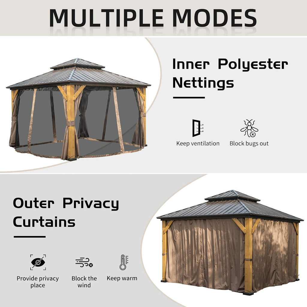 Domi Hardtop Gazebo 12'x12' Cedar Frame Wood Gazebo with Galvanized Steel Double Roof, Outdoor Permanent Metal Gazebo with Curtains and Netting for Patio,Deck,Backyard