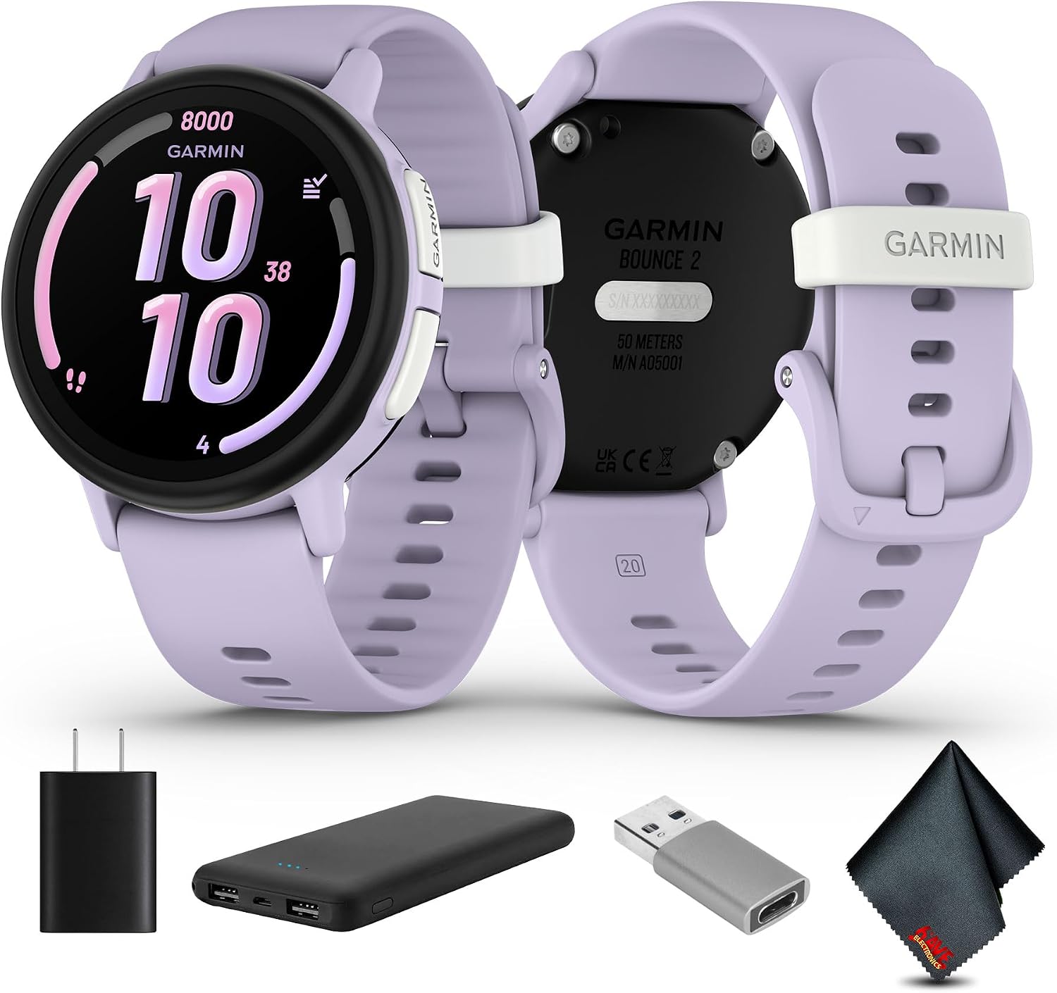 Garmin Bounce 2, Kids Smartwatch with Calling, Messaging and Location Tracking Features, Light Purple Bundle with USB Wall Charger + More