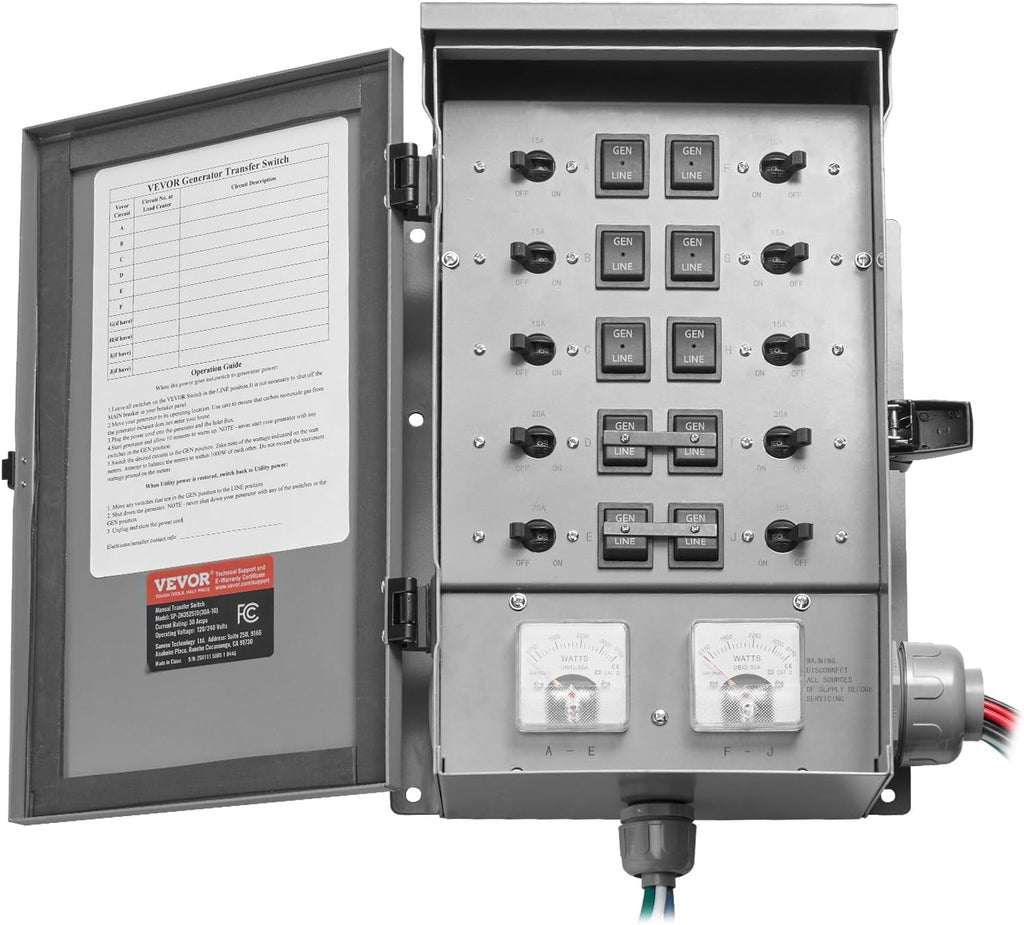 VEVOR Manual Transfer, 30-Amp 10-Circuit, Prewired Generator Transfer Kit with NEMA L14-30P Power Inlet Box, Double-Throw, NEMA 3R, Mechanical Watt Meter, for 7500W Generators