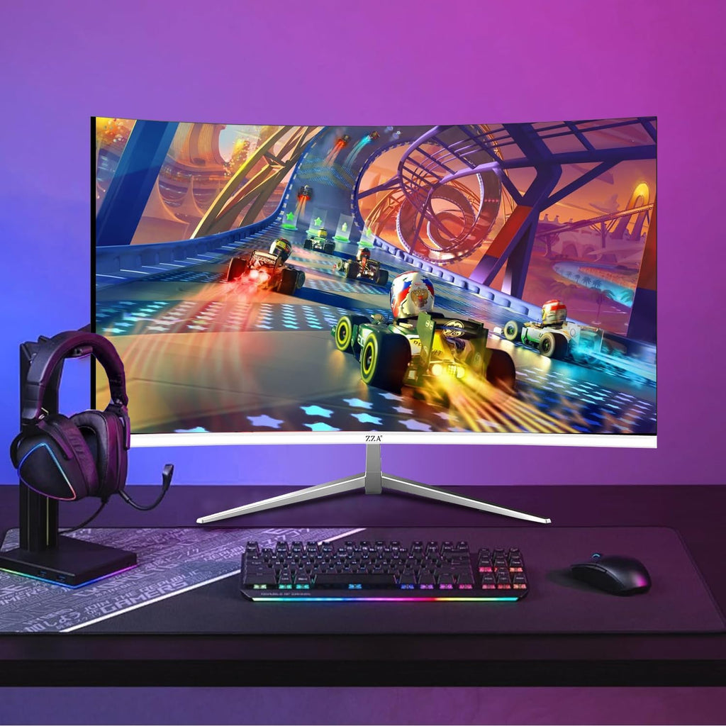 ZZA 27 inch White Gaming Monitor,240-300Hz Curved Monitor,Full HD 1080P Computer Monitor,Eye-Care Display with HDMI,DP,FreeSync,Wall Mountable for Office and Home