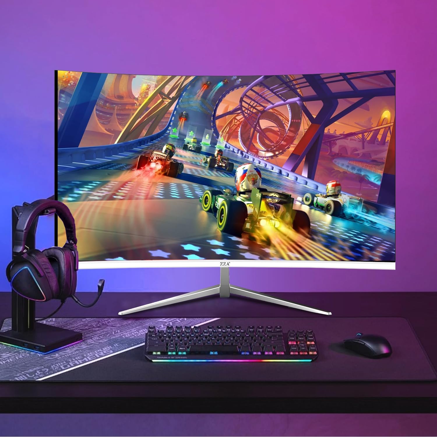 ZZA 27 inch White Gaming Monitor,240-300Hz Curved Monitor,Full HD 1080P Computer Monitor,Eye-Care Display with HDMI,DP,FreeSync,Wall Mountable for Office and Home