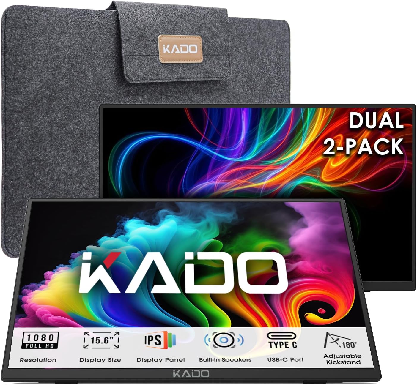 Kado Dual Portable Monitor Setup - 2-Pack 15.6' 1080p IPS Triple Monitor Extender for Laptop, 1920x1080 HDMI USB-C 180° Kickstand Built-in Speakers, Stacked Desktop Setup Office Gaming Daytrading
