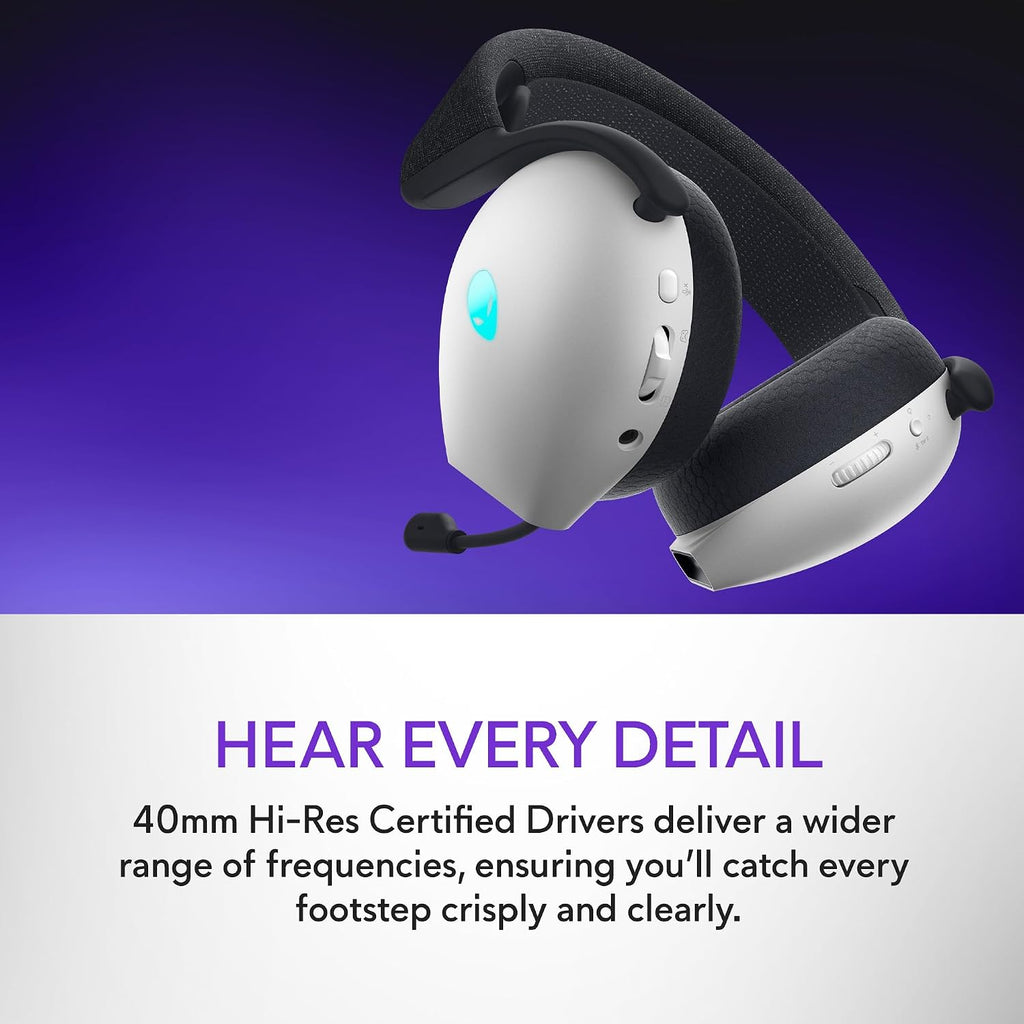 Alienware Tri-Mode Wireless Gaming Headset AW725H - Wired/Wireless, Bluetooth 5.3, Audio Output - 20 Hz, Mini-Phone (3.5mm), Battery Talk Time Up to 55 Hrs (Bluetooth), Lunar Light
