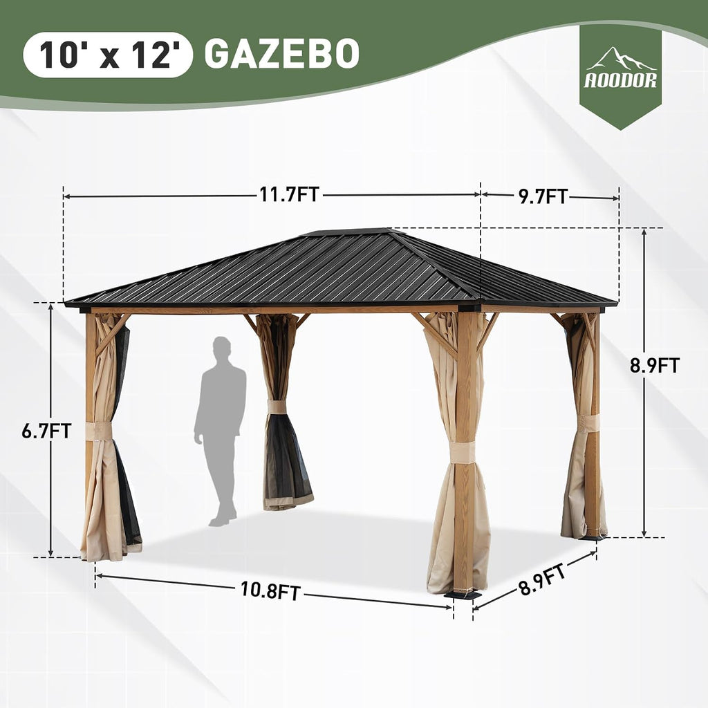 Aoodor 10 x 12 ft. Outdoor Hardtop Gazebo, Wooden Finish Coated Aluminum Frame Gazebo with Curtains and Mosquito Nettings for Patio, Garden, Backyard