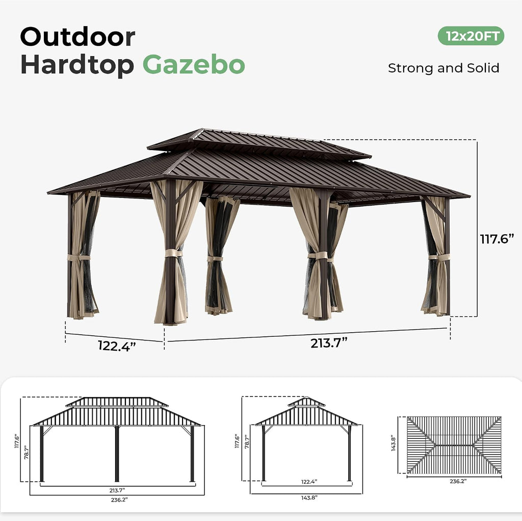12' x 20' Hardtop Gazebo, Aluminum Frame with Double Galvanized Steel Roof,Permanent Outdoor Gazebo with Netting and Curtains for Backyard, Garden, or Deck, Brown