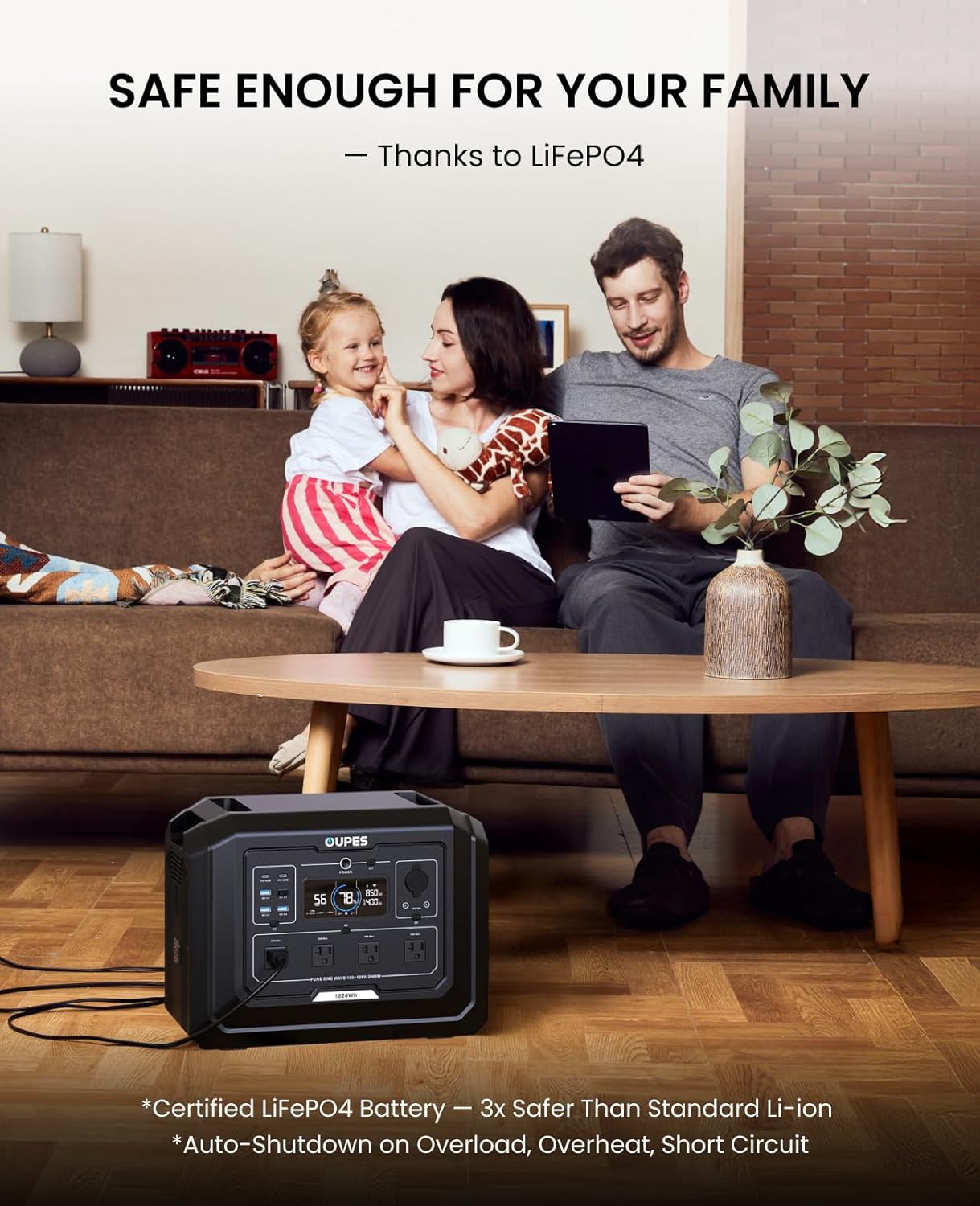 OUPES Mega 1 Portable Power Station 2000W (Surge 4500W), 1024Wh LiFePO4 Battery Generator, Expandable to 5kWh, UPS, for Home Backup Power, Camping, Road Trips