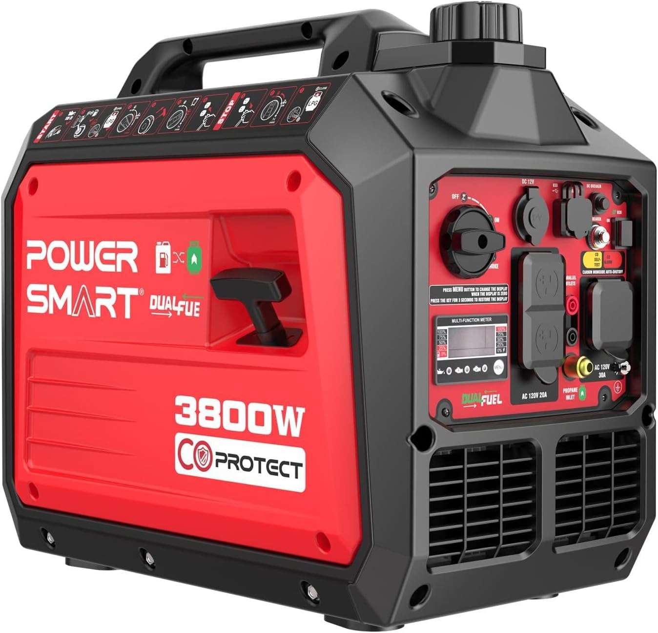 PowerSmart 3800 Watt Dual Fuel Inverter Generator, Quiet Portable Gas Propane Powered with CO Sensor and RV Ready Outlet, 149cc 4-Stroke OHV Engine for Home Backup, Camping and Tailgating